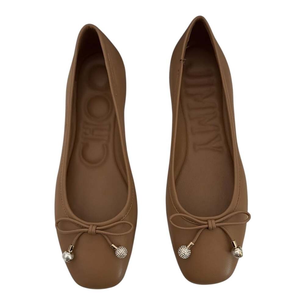 immy Choo Elme Ballet Flats Biscuit Nappa Leather Crystal Pearl Bow EU 35 $795